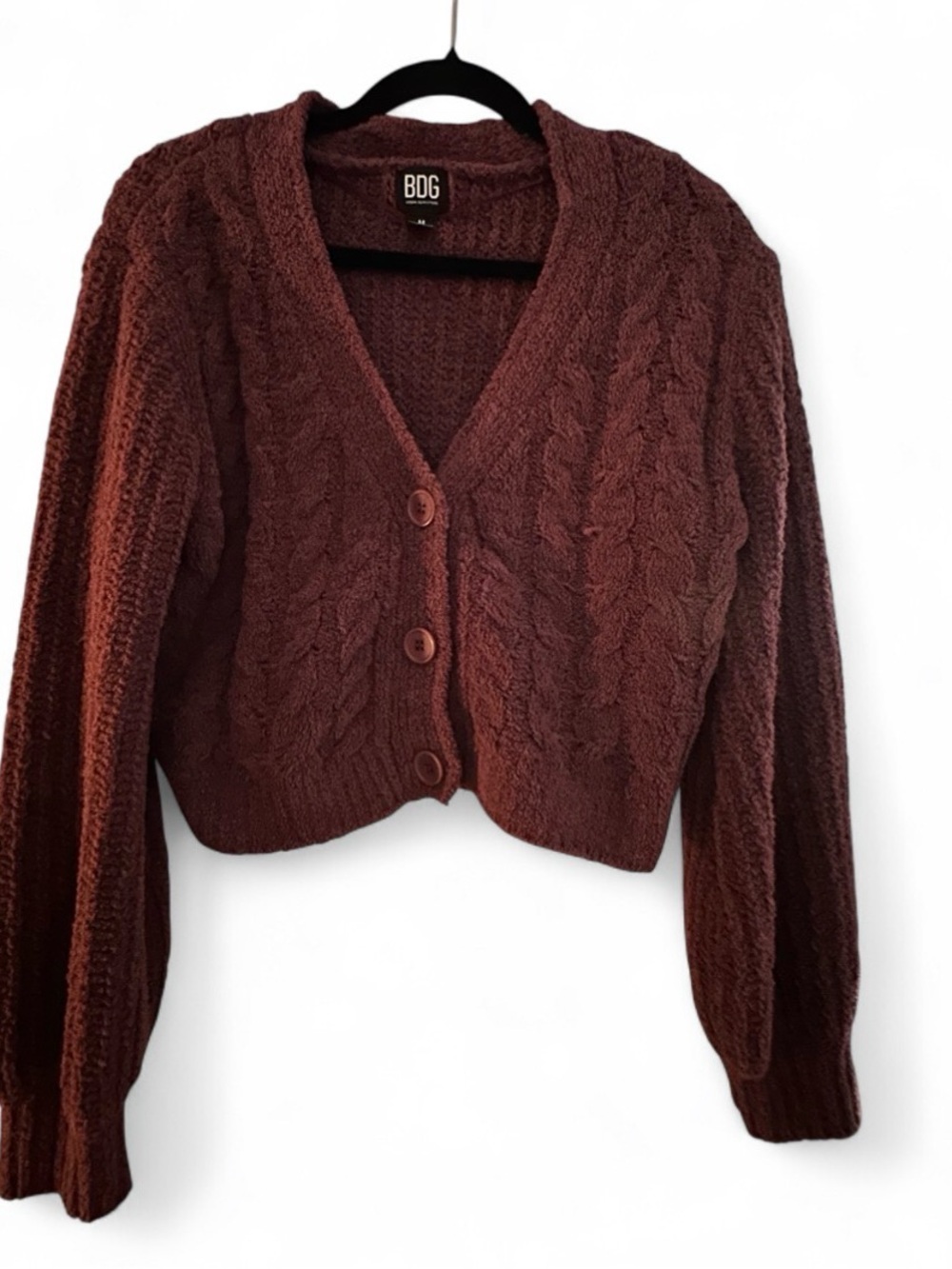 BDG Cropped Cable-Knit Cardigan in Deep Brown